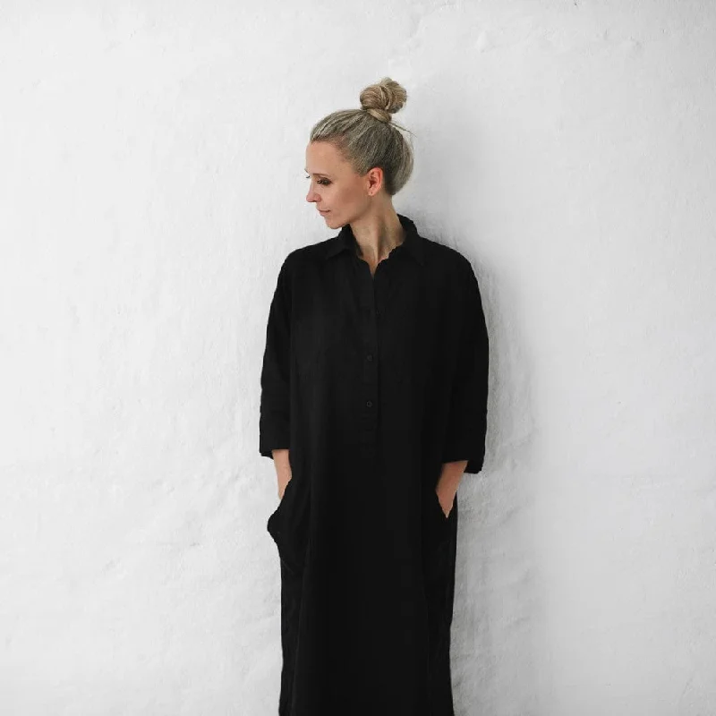 Seaside Tones Linen Shirt Dress - Black