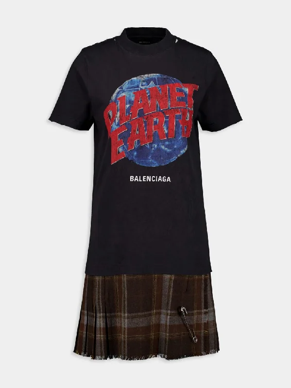 Planet Earth Layered T-Shirt Dress with Checked Kilt