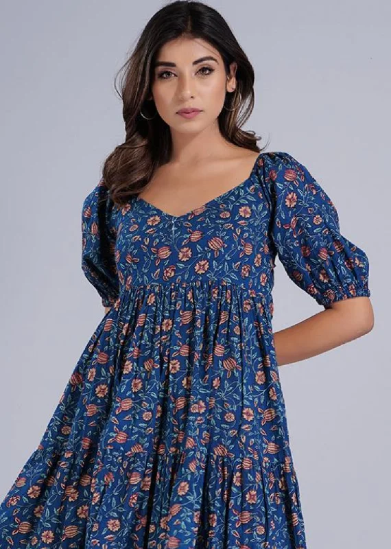 Navy Blue Printed Deep Back Dress