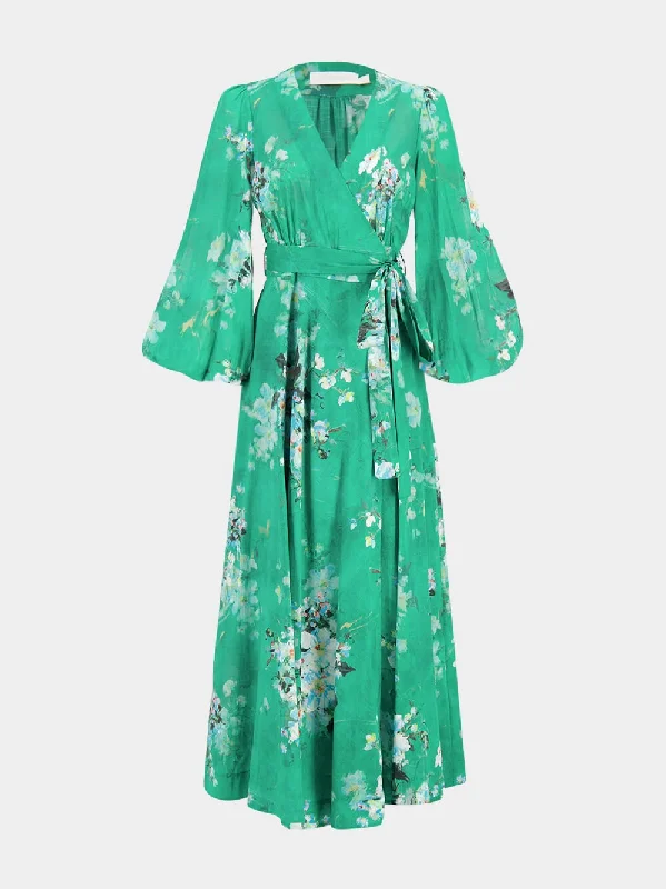 Green Floral Cotton Wrap Midi Dress