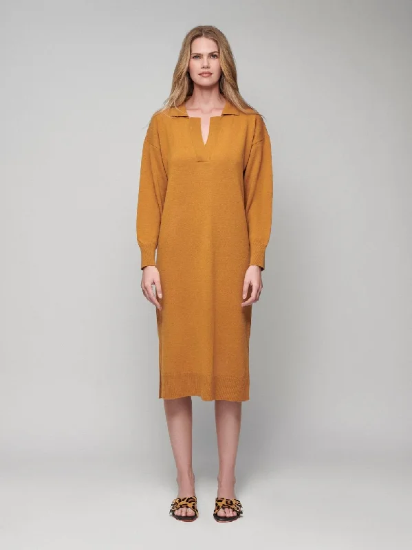 Maya Mustard V-Neck Cashmere Midi Dress