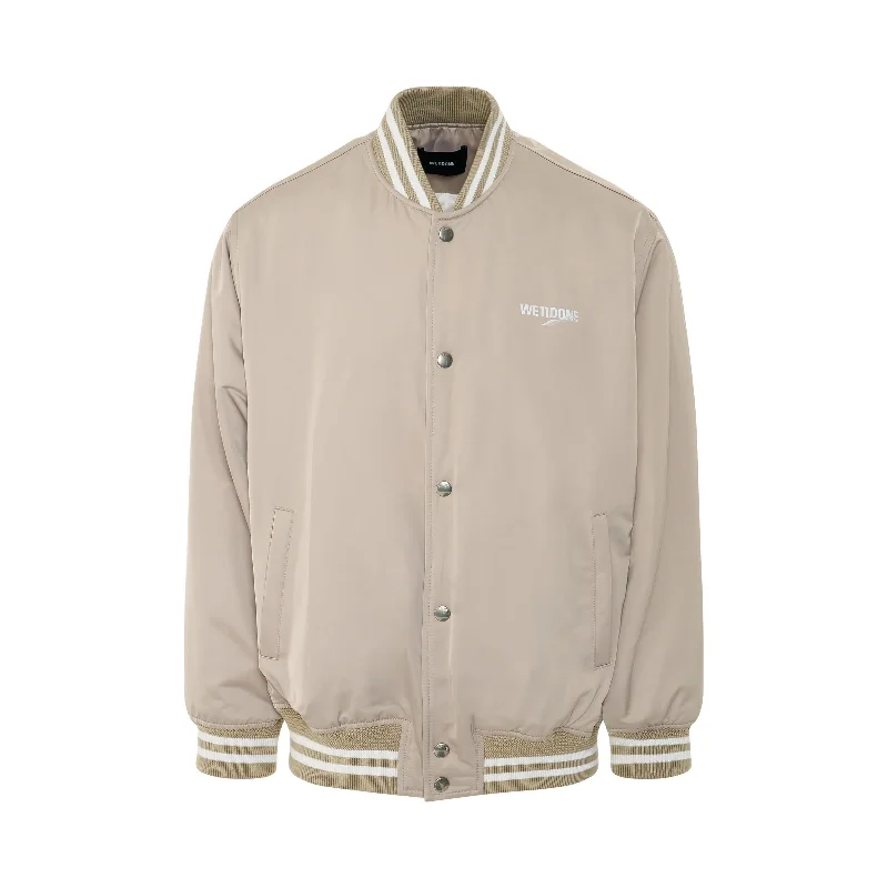 Oversized WD Logo Print Satin Bomber Jacket in Beige