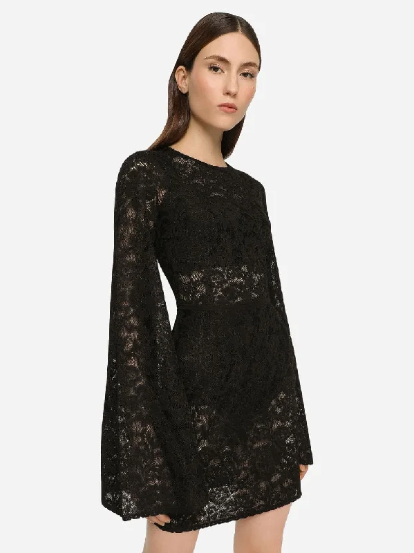 Lace-Stitch Mini Dress With Long Sleeves