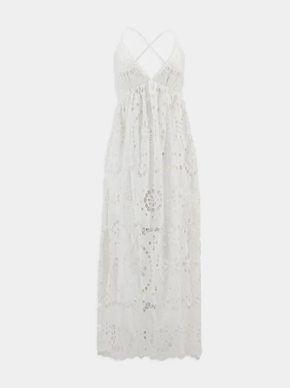 Lexi Embroidered White Eyelet Lace Midi Dress