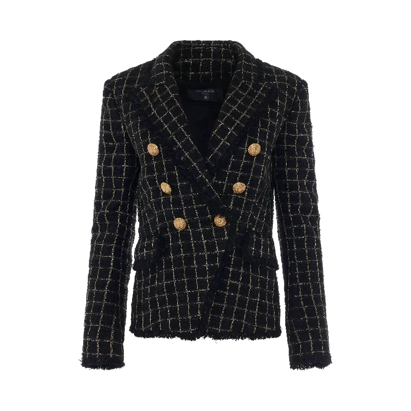 6 Button Double Breasted Squared Tweed Jacket in Black/Gold