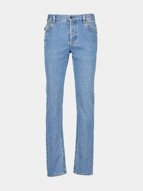 Blue Washed Denim Jeans with Web Detail