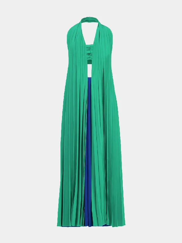 Rhodes Pleated Halter Neck Blue and Green Dress