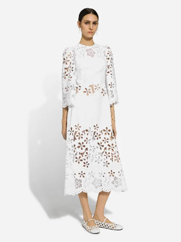 White Cotton Calf-Length Dress with Cut-Out Detailing