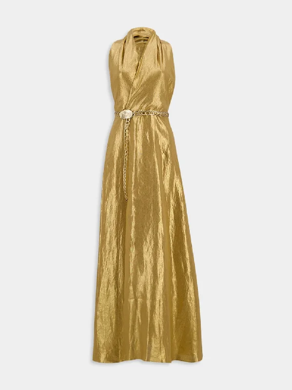 Helios Golden Halter Maxi Dress