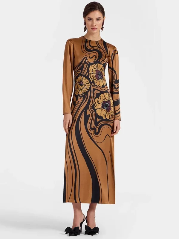 Brown Big Blooms Long-Sleeve Stretch Satin Dress