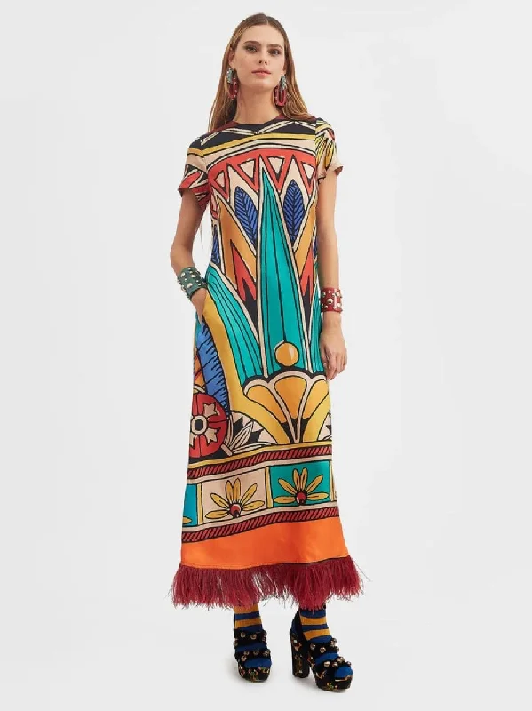 Silk Twill Dress with Feathers