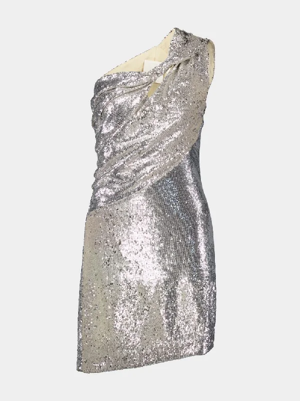 Silver One-Shoulder Sequin Mini Dress