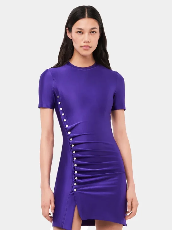 Purple Draped Mini Dress with Snap Detailing