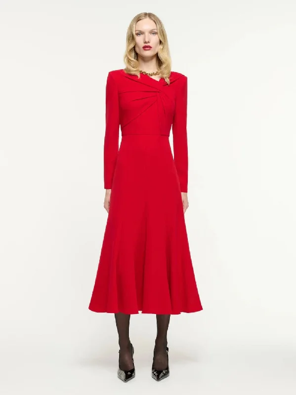 Red Long Sleeve Light Cady Midi Dress