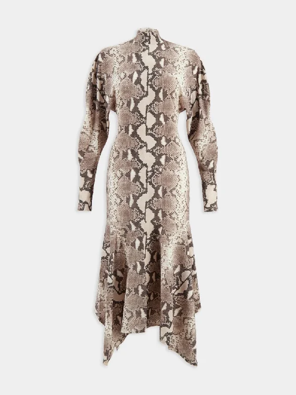 L/S Phyton Print Midi Dress