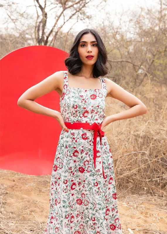 Red Flare and Printed Dress with Belt