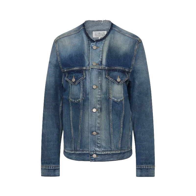 Collarless Denim Jacket in Blue