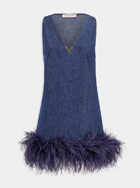 Blue V-Neck Sleeveless Denim Dress with Feathers