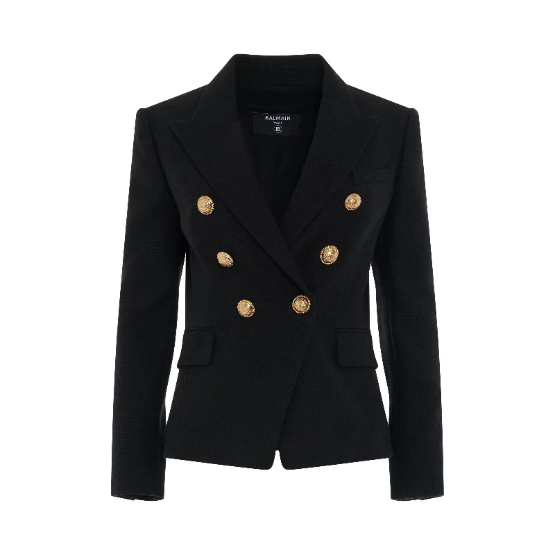 6 Button Long Sleeve Cotton Pique Jacket in Black