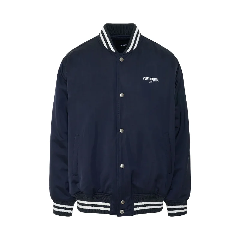 Oversized WD Logo Print Satin Bomber Jacket in Navy