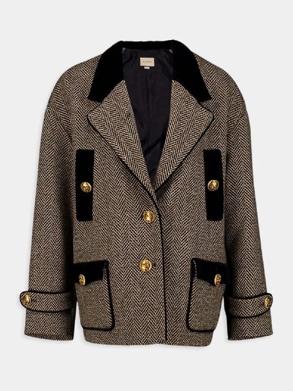 Velvet-Trim Wool-Blend Herringbone Coat