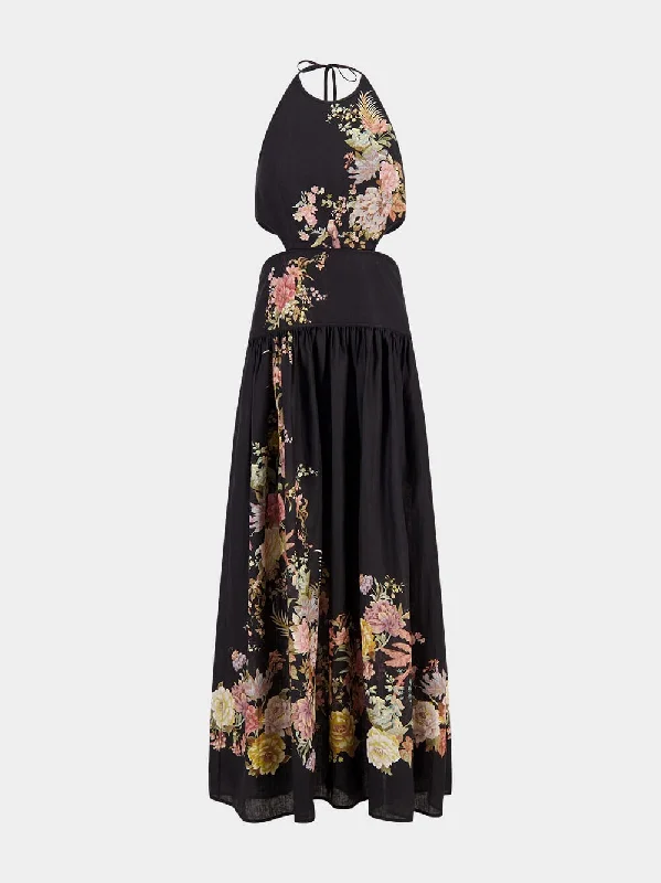 Black Floral Tallow Halter Midi Dress