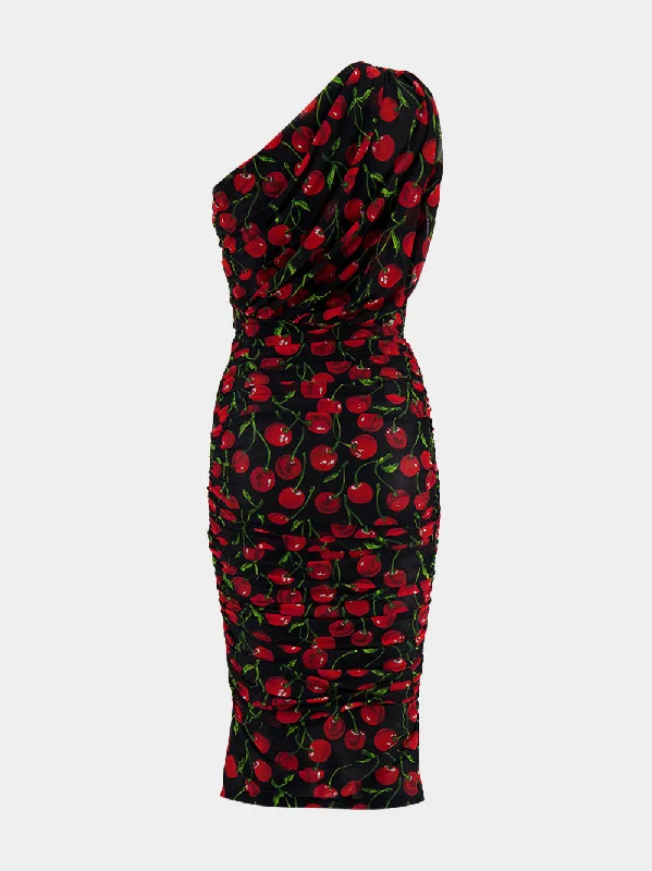 Cherry-Print Ruched Midi Dress