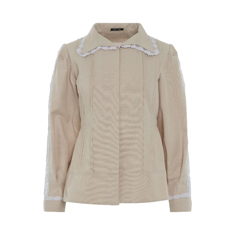 Lace Trimmed Pleated Cotton Jacket in Ecru