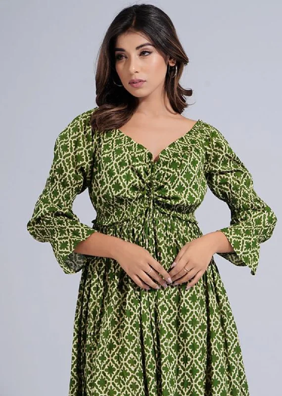 Green Printed Off -Shoulder Dress