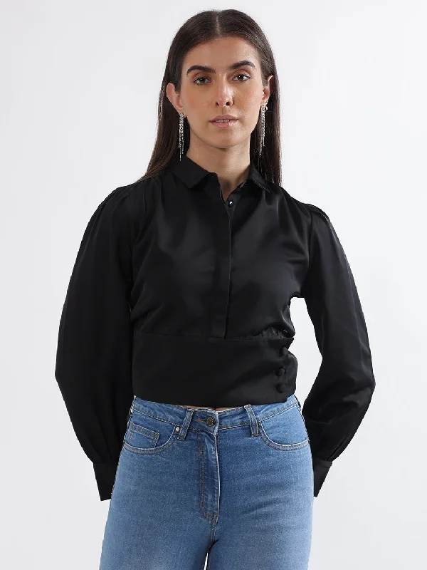 Elle Women Black Solid Spread Collar Full Sleeves Top