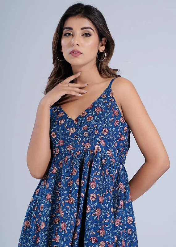 Navy Blue Printed Strappy Dress