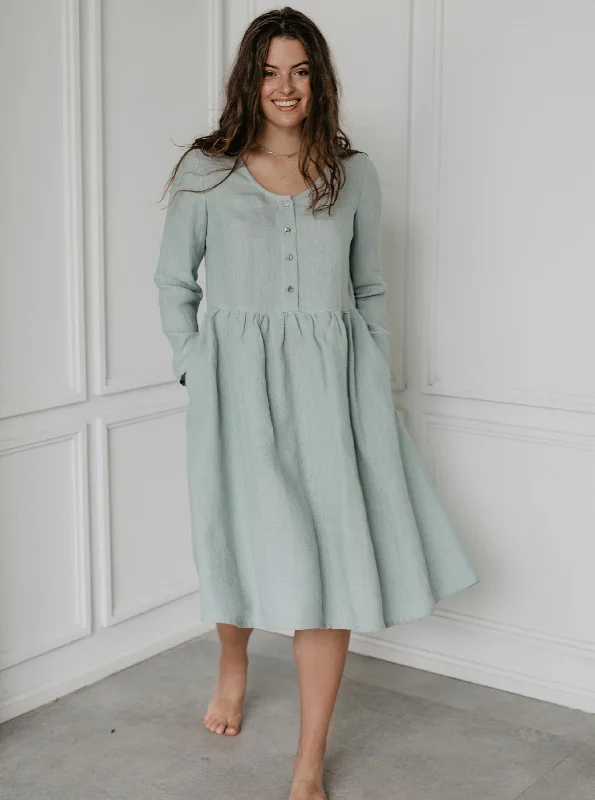 Lapland Mid-Length Linen Dress - Sage Green