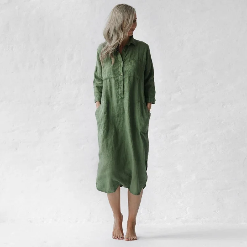 Seaside Tones Linen Shirt Dress - Olive