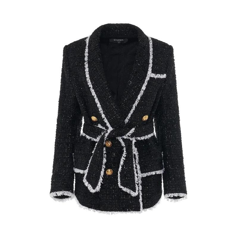 Shawl Collar 6 Button Pyjama Tweed Jacket in Black/White