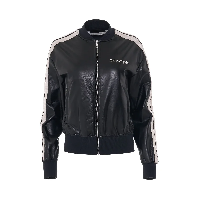 Logo Leather Bomber Track Jacket in Black