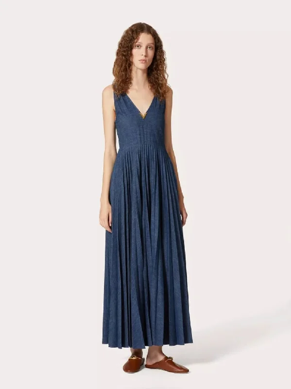 Chambray Denim Plissé Maxi Dress