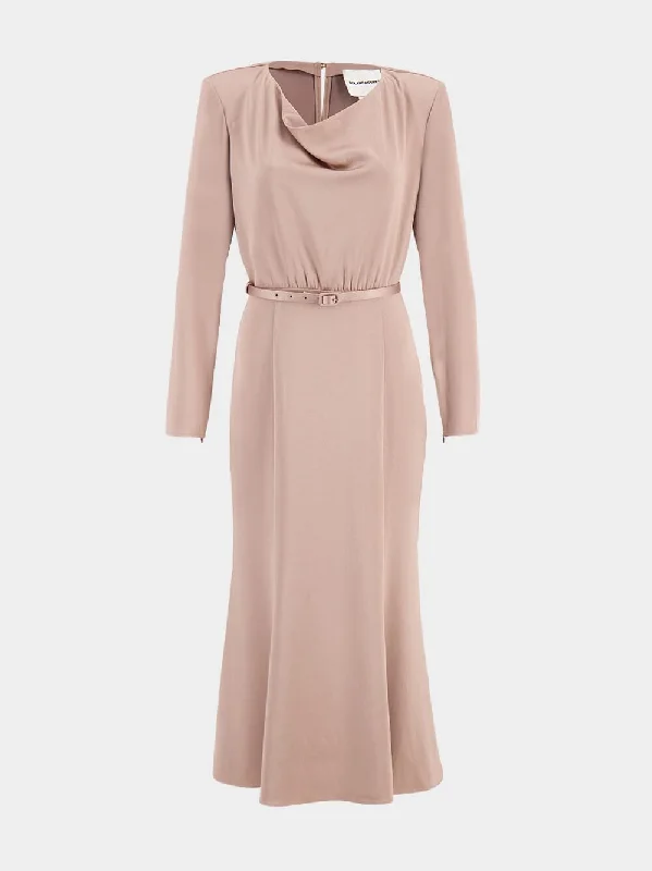 Beige Cowl Drape Satin Crepe Midi Dress