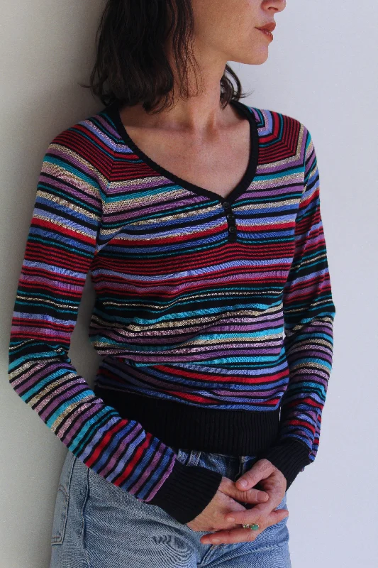 1970s V-Neck Lurex Striped Pullover Sweater