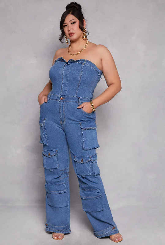 Plus Size Daisy Denim Strapless Utility Jumpsuit