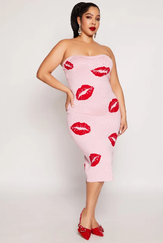 Plus Size Almost Famous Lip Print Midi Tube Dress