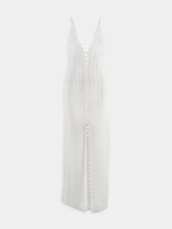 Crochet-Knit Semi-Sheer Maxi Dress in White