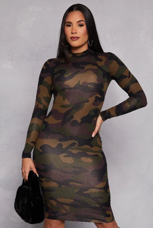 Patterned Long Sleeve Midi Dress