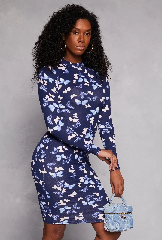 Patterned Long Sleeve Midi Dress