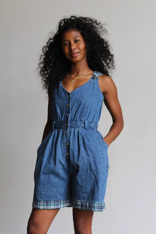 1980s Denim & Plaid Romper