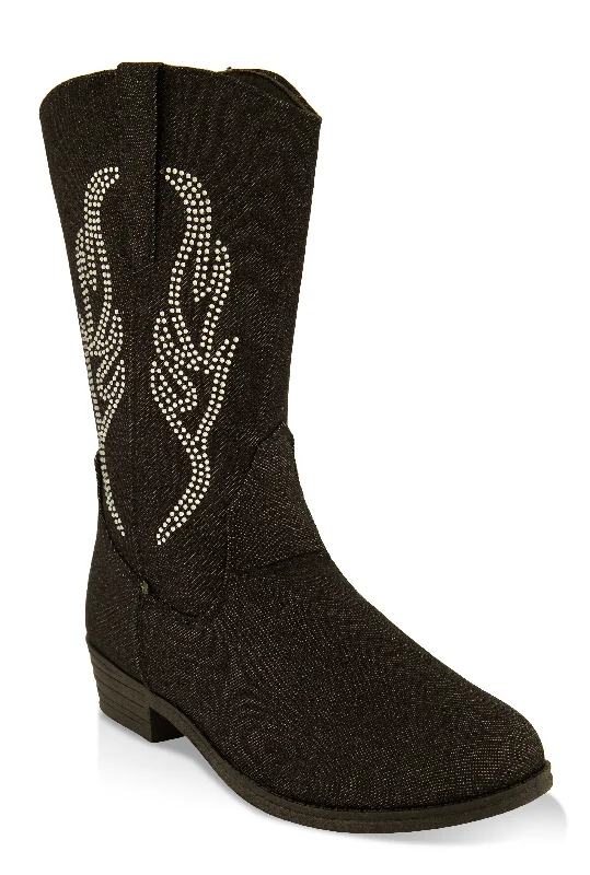 Girls Rhinestone Detail Denim Cowboy Boots