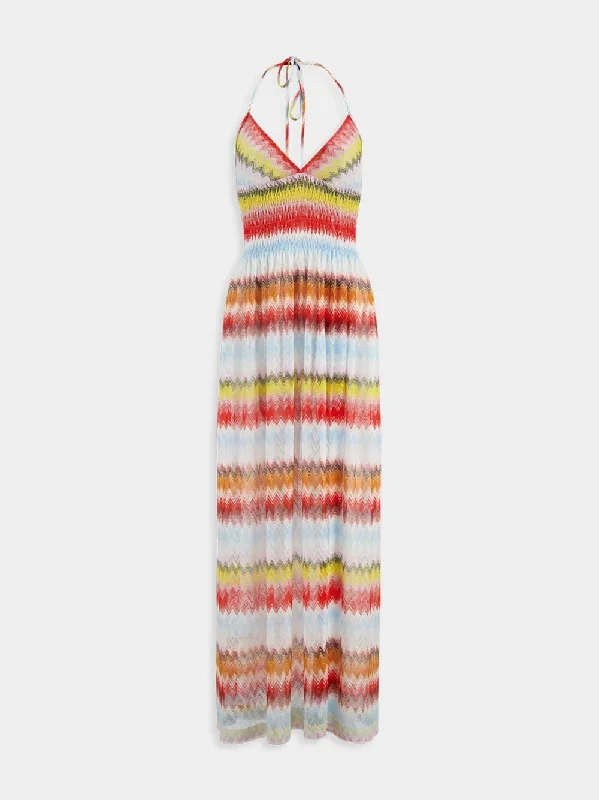 Crochet-Knit Semi-Sheer Maxi Dress in Multicolour