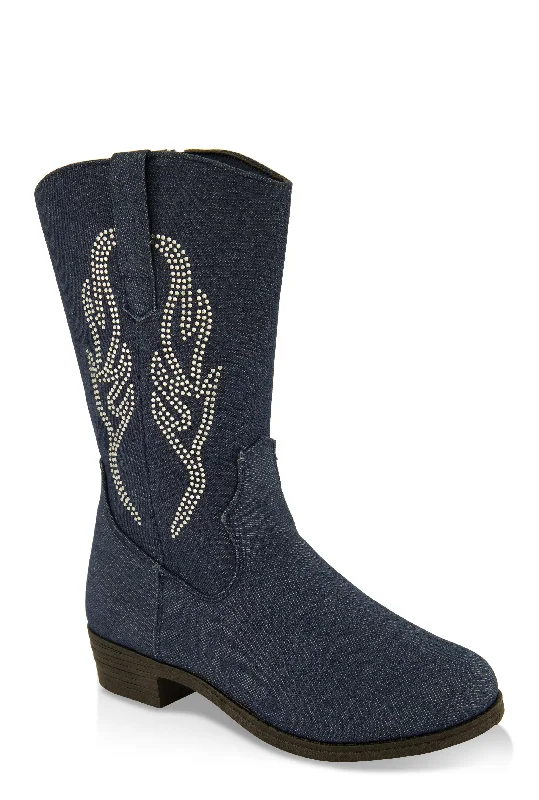 Girls Rhinestone Detail Denim Cowboy Boots