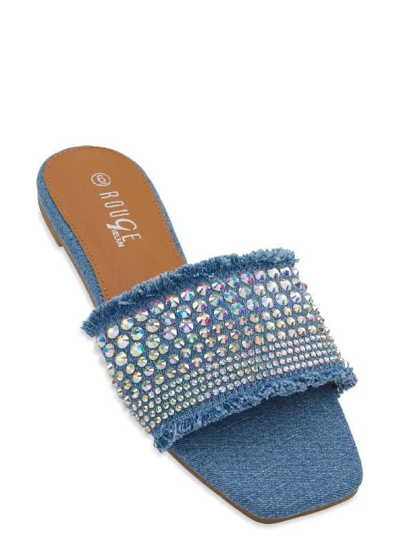 Frayed Denim Rhinestone Slide Sandals