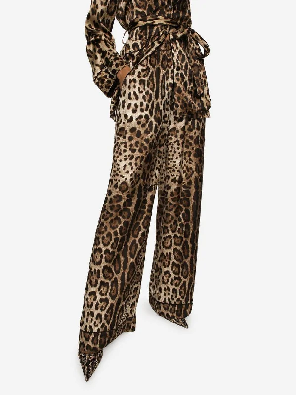 Leopard Print Wide-Leg Silk Trousers