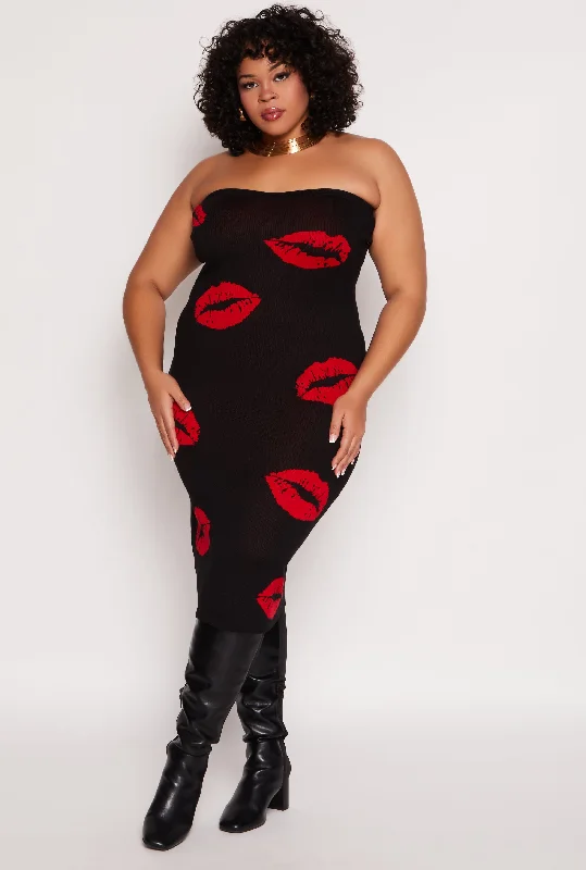 Plus Size Almost Famous Lip Print Midi Tube Dress